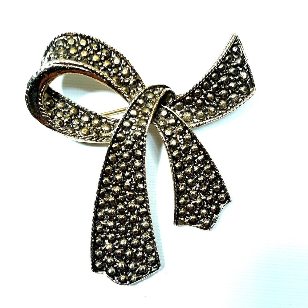 Vintage Bow Brooch Faux Marcasite Antiqued Gold tone